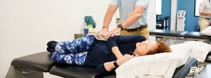 Manual evaluation of the outer hip to assess pain and inflammation associated with hip bursitis.
