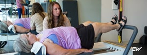 Individual participating in guided physical therapy to address incontinence and pelvic floor dysfunction.