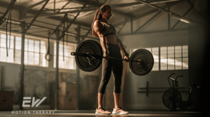 A woman lifts a barbell in the gym.