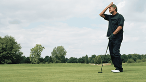 A golfer puts his hand to his forehead in frustration.