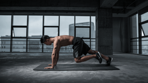 A man with no shirt on does mountain climber exercises on a black mat.