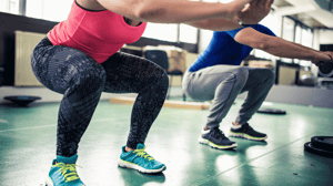 A group of people do squats in a gym.