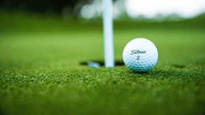 A Titleist golf ball sits very close to a hole.