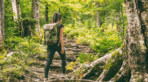 A woman hikes in the forest.
