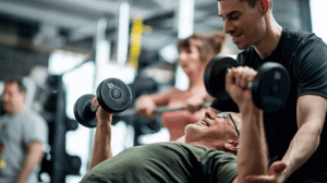 A trainer watches an older man lift weights.