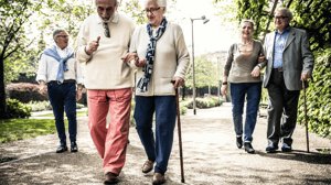 A group of elderly people walk in a park.