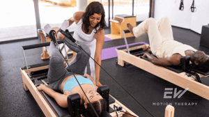 Women participate in a Pilates class.
