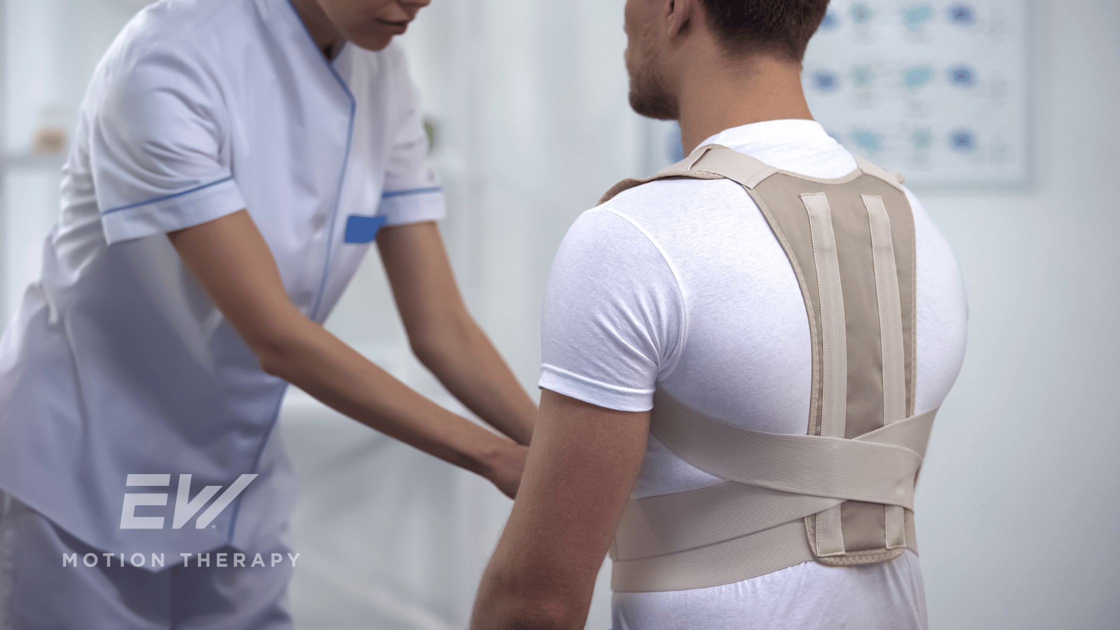 A man gets fitted for a posture-correcting brace.
