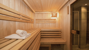 An empty sauna room.