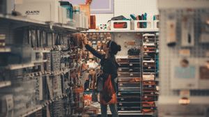 A woman reaches for an item on a high grocery store shelf.