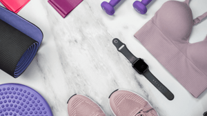 From above, a flat lay of different fitness equipment