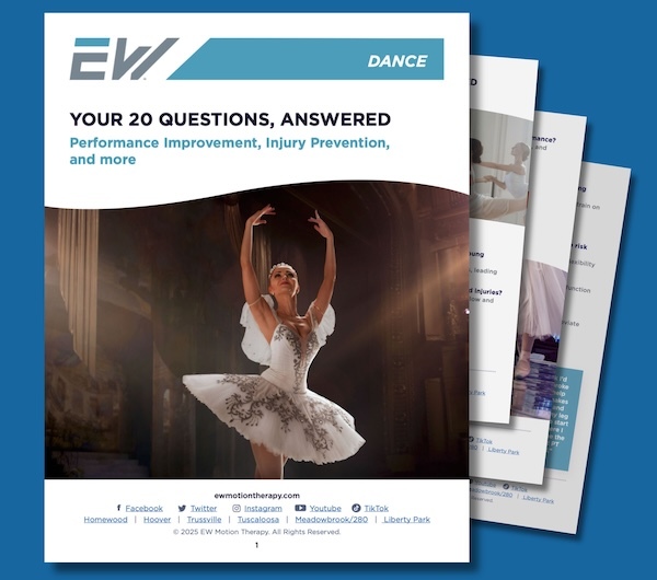 EW Motion Therapy Dance guide cover – "Your 20 Questions, Answered: Performance Improvement, Injury Prevention, and More" featuring a ballet dancer in a white tutu EW Motion Therapy Dance guide cover – "Your 20 Questions, Answered: Performance Improvement, Injury Prevention, and More" featuring a ballet dancer in a white tutu