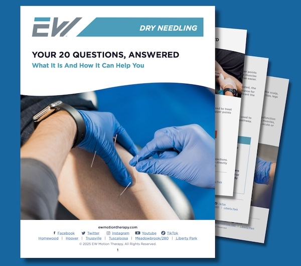 EW Motion Therapy Dry Needling guide cover – "Your 20 Questions, Answered: What It Is and How It Can Help You" featuring a therapist inserting dry needles into a patient's leg EW Motion Therapy Dry Needling guide cover – "Your 20 Questions, Answered: What It Is and How It Can Help You" featuring a therapist inserting dry needles into a patient's leg