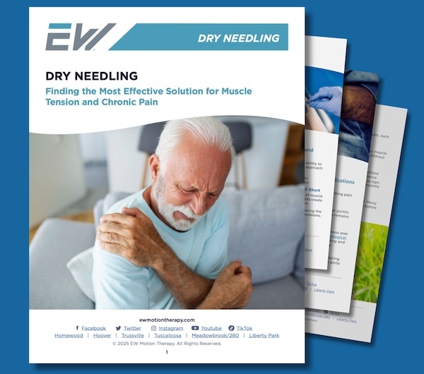 EW Motion Therapy Dry Needling guide cover – "Finding the Most Effective Solution for Muscle Tension and Chronic Pain" featuring an older man grimacing while holding his shoulder in pain EW Motion Therapy Dry Needling guide cover – "Finding the Most Effective Solution for Muscle Tension and Chronic Pain" featuring an older man grimacing while holding his shoulder in pain
