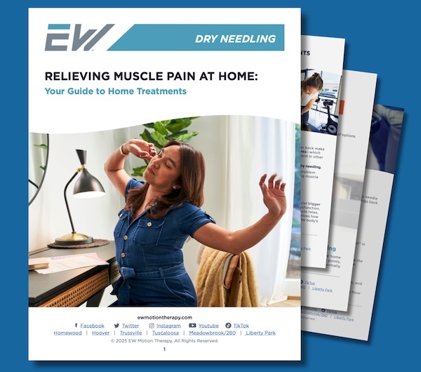 EW Motion Therapy Dry Needling guide cover – "Relieving Muscle Pain at Home: Your Guide to Home Treatments" featuring a woman stretching and relieving muscle tension in her living room EW Motion Therapy Dry Needling guide cover – "Relieving Muscle Pain at Home: Your Guide to Home Treatments" featuring a woman stretching and relieving muscle tension in her living room