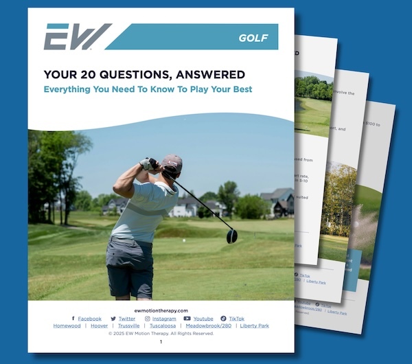 EW Motion Therapy Golf guide cover – "Your 20 Questions, Answered: Everything You Need to Know to Play Your Best" featuring a golfer completing a full driver swing on a golf course EW Motion Therapy Golf guide cover – "Your 20 Questions, Answered: Everything You Need to Know to Play Your Best" featuring a golfer completing a full driver swing on a golf course