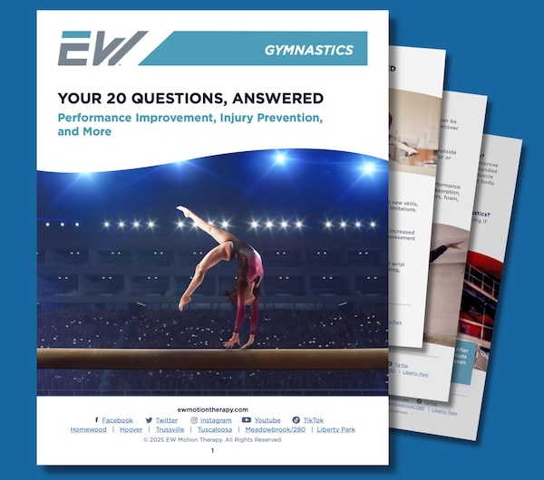 EW Motion Therapy Gymnastics guide cover – "Your 20 Questions, Answered: Performance Improvement, Injury Prevention, and More" featuring a gymnast performing a back walkover on the balance beam EW Motion Therapy Gymnastics guide cover – "Your 20 Questions, Answered: Performance Improvement, Injury Prevention, and More" featuring a gymnast performing a back walkover on the balance beam
