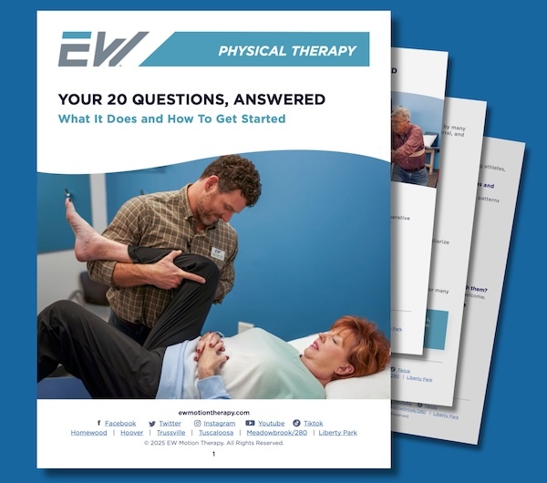 EW Motion Therapy Physical Therapy guide cover – "Your 20 Questions, Answered: What It Does and How to Get Started" featuring a physical therapist performing a leg stretch on a patient lying on a treatment table EW Motion Therapy Physical Therapy guide cover – "Your 20 Questions, Answered: What It Does and How to Get Started" featuring a physical therapist performing a leg stretch on a patient lying on a treatment table
