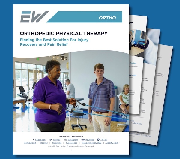 EW Motion Therapy Orthopedic Physical Therapy guide cover – "Finding the Best Solution for Injury Recovery and Pain Relief" featuring a therapist guiding a patient through a resistance band exercise in a PT clinic EW Motion Therapy Orthopedic Physical Therapy guide cover – "Finding the Best Solution for Injury Recovery and Pain Relief" featuring a therapist guiding a patient through a resistance band exercise in a PT clinic
