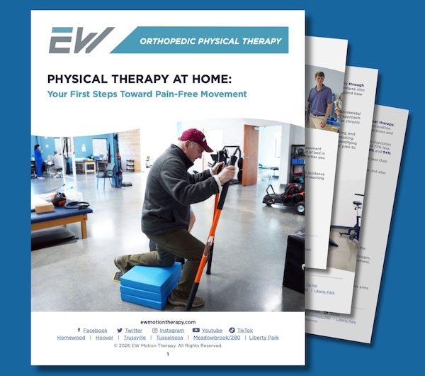 EW Motion Therapy Orthopedic Physical Therapy guide cover – "Physical Therapy at Home: Your First Steps Toward Pain-Free Movement" featuring a man performing a squat exercise with a support bar in a physical therapy gym EW Motion Therapy Orthopedic Physical Therapy guide cover – "Physical Therapy at Home: Your First Steps Toward Pain-Free Movement" featuring a man performing a squat exercise with a support bar in a physical therapy gym