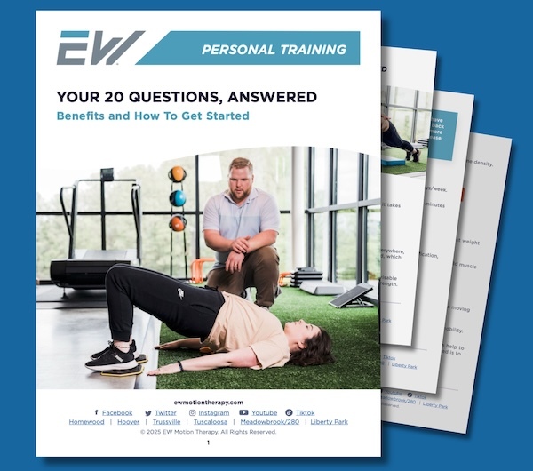 EW Motion Therapy Personal Training guide cover – "Your 20 Questions, Answered: Benefits and How to Get Started" featuring a personal trainer coaching a woman performing a glute bridge exercise on a gym floor. EW Motion Therapy Personal Training guide cover – "Your 20 Questions, Answered: Benefits and How to Get Started" featuring a personal trainer coaching a woman performing a glute bridge exercise on a gym floor.