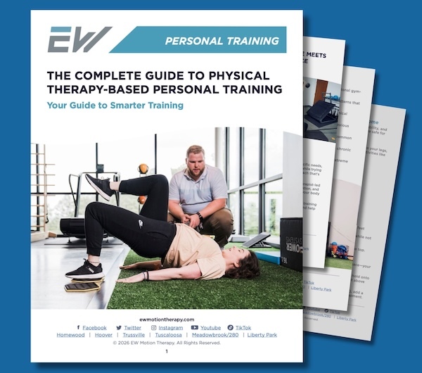 EW Motion Therapy Personal Training guide cover – "The Complete Guide to Physical Therapy-Based Personal Training: Your Guide to Smarter Training" featuring a trainer coaching a woman through a glute bridge exercise in a modern gym EW Motion Therapy Personal Training guide cover – "The Complete Guide to Physical Therapy-Based Personal Training: Your Guide to Smarter Training" featuring a trainer coaching a woman through a glute bridge exercise in a modern gym