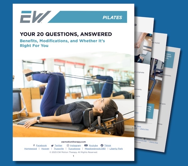 EW Motion Therapy Pilates guide cover – "Your 20 Questions, Answered: Benefits, Modifications, and Whether It's Right for You" featuring a woman performing a reformer Pilates exercise on a wooden reformer machine EW Motion Therapy Pilates guide cover – "Your 20 Questions, Answered: Benefits, Modifications, and Whether It's Right for You" featuring a woman performing a reformer Pilates exercise on a wooden reformer machine