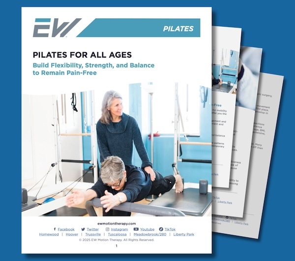 EW Motion Therapy Pilates guide cover – "Pilates for All Ages: Build Flexibility, Strength, and Balance to Remain Pain-Free" featuring a Pilates instructor assisting an older adult with a stretching exercise on a reformer EW Motion Therapy Pilates guide cover – "Pilates for All Ages: Build Flexibility, Strength, and Balance to Remain Pain-Free" featuring a Pilates instructor assisting an older adult with a stretching exercise on a reformer