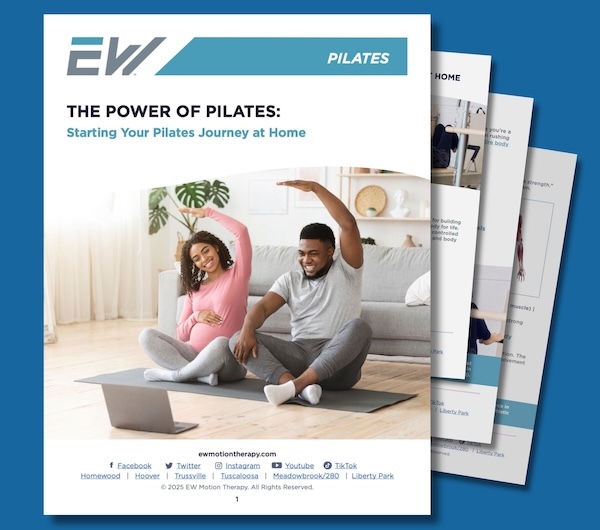 EW Motion Therapy Pilates guide cover – "The Power of Pilates: Starting Your Pilates Journey at Home" featuring a pregnant woman and her partner doing seated side stretches together on a yoga mat in their living room EW Motion Therapy Pilates guide cover – "The Power of Pilates: Starting Your Pilates Journey at Home" featuring a pregnant woman and her partner doing seated side stretches together on a yoga mat in their living room