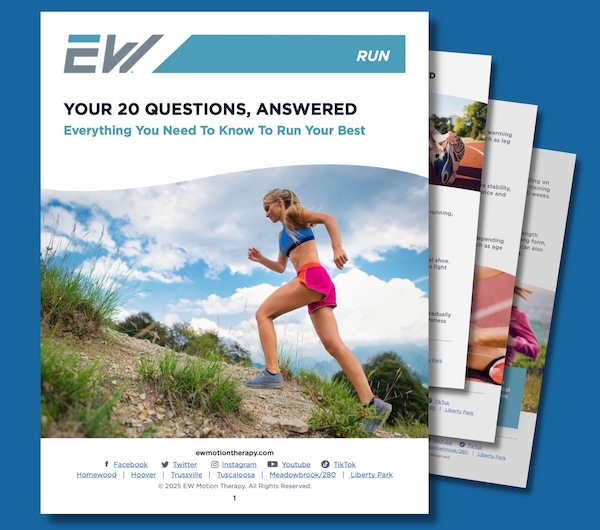 EW Motion Therapy Run guide cover – "Your 20 Questions, Answered: Everything You Need to Know to Run Your Best" featuring a woman trail running on a hillside under a bright blue sky EW Motion Therapy Run guide cover – "Your 20 Questions, Answered: Everything You Need to Know to Run Your Best" featuring a woman trail running on a hillside under a bright blue sky