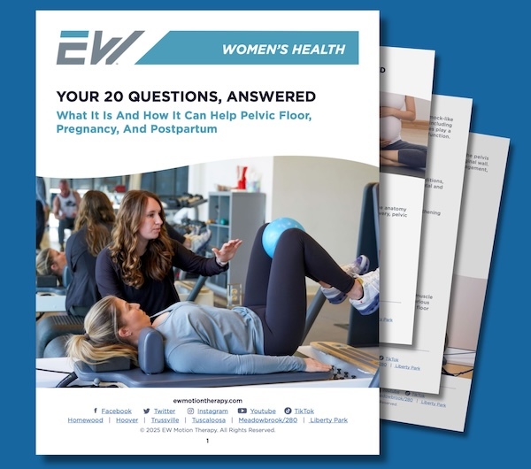 EW Motion Therapy Women's Health guide cover – "Your 20 Questions, Answered: What It Is and How It Can Help Pelvic Floor, Pregnancy, and Postpartum" featuring a women's health therapist coaching a patient through a pelvic floor exercise