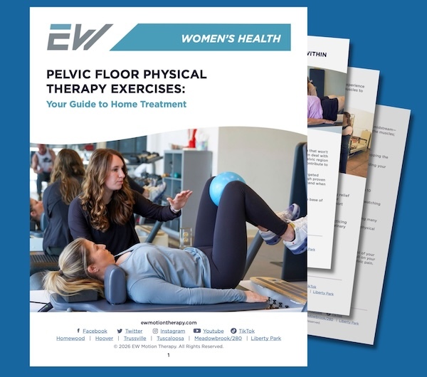 EW Motion Therapy Women's Health guide cover – "Pelvic Floor Physical Therapy Exercises: Your Guide to Home Treatment" featuring a women's health therapist coaching a patient through a pelvic floor exercise in a clinical gym