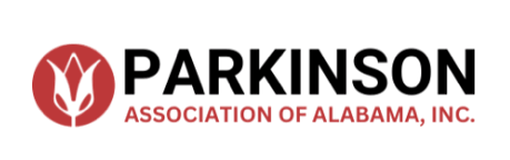Official logo of the Parkinson's Association of Alabama, featuring black and red text and a red flower. Official logo of the Parkinson's Association of Alabama, featuring black and red text and a red flower.